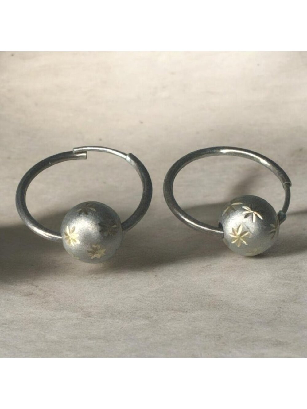 Vintage Sterling Silver Hoop Earrings With Etched Gold-Tone Floral Accents